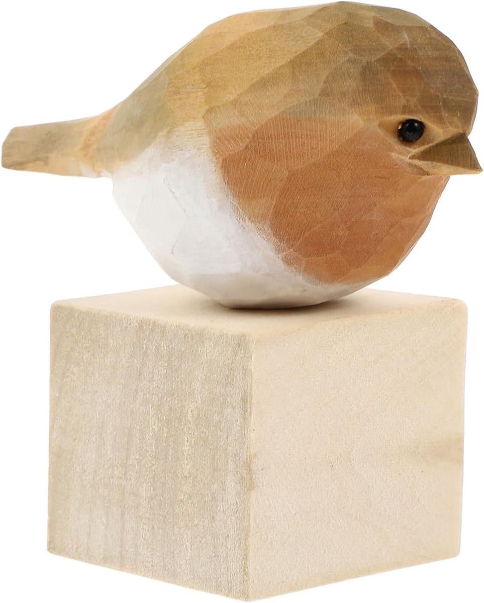 Miniatuur houten vogelbeeld blauw en geel - Handgesneden houten vogel sculptuur voor desktop ornament