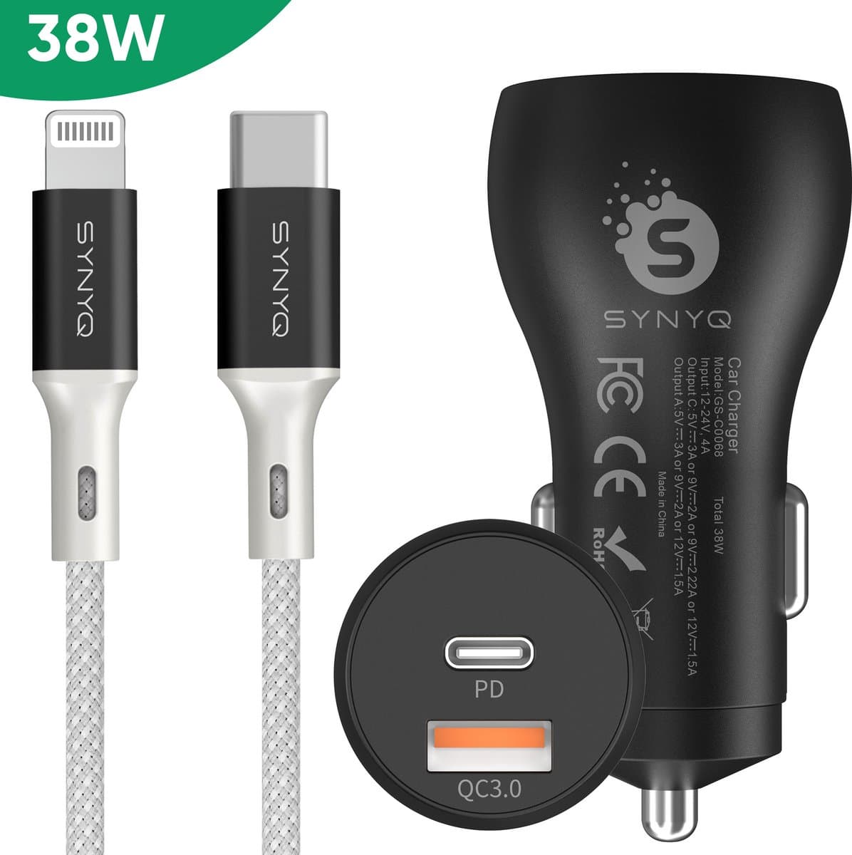 Synyq Autolader 38W - 2 Poorten - 1m Oplaadkabel - Gecertificeerd - Lader geschikt voor Iphone 14/13/12/11