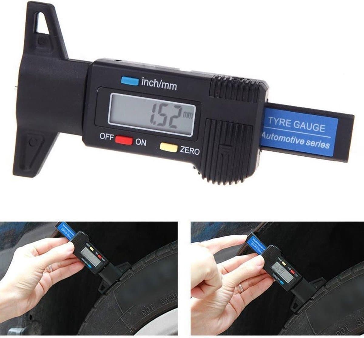 Digitale bandenspanningsmeter / dieptemeter. Geeft zowel mm als inches weer, gemakkelijk te gebruiken.