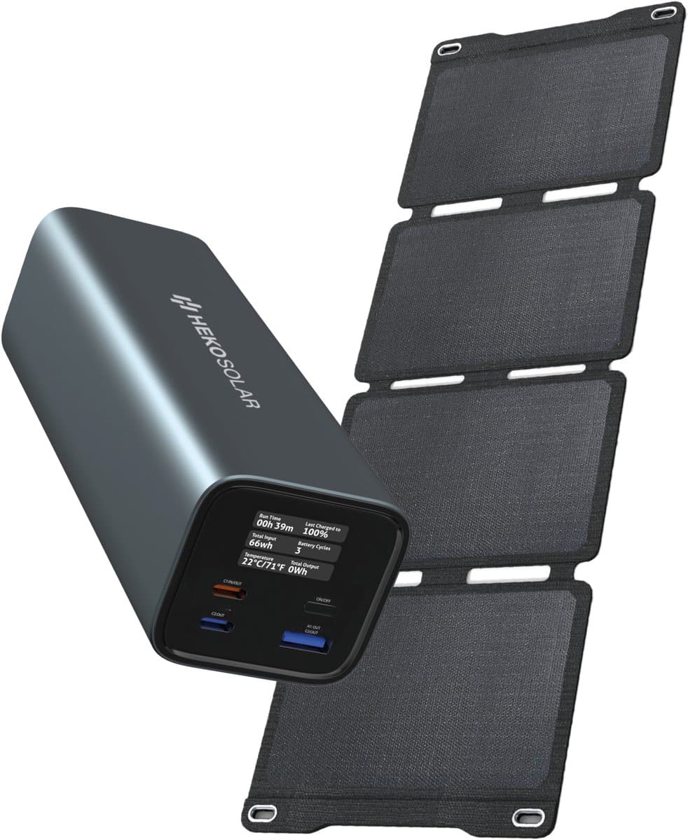 Heko Solar® Fuse 140 + Unfold 30 - Powerbank met Zonnepaneel - 27.000 mAh - 140W snellader - USB-A/USB-C - Laptop Powerbank - Digital Display - Noodpakket