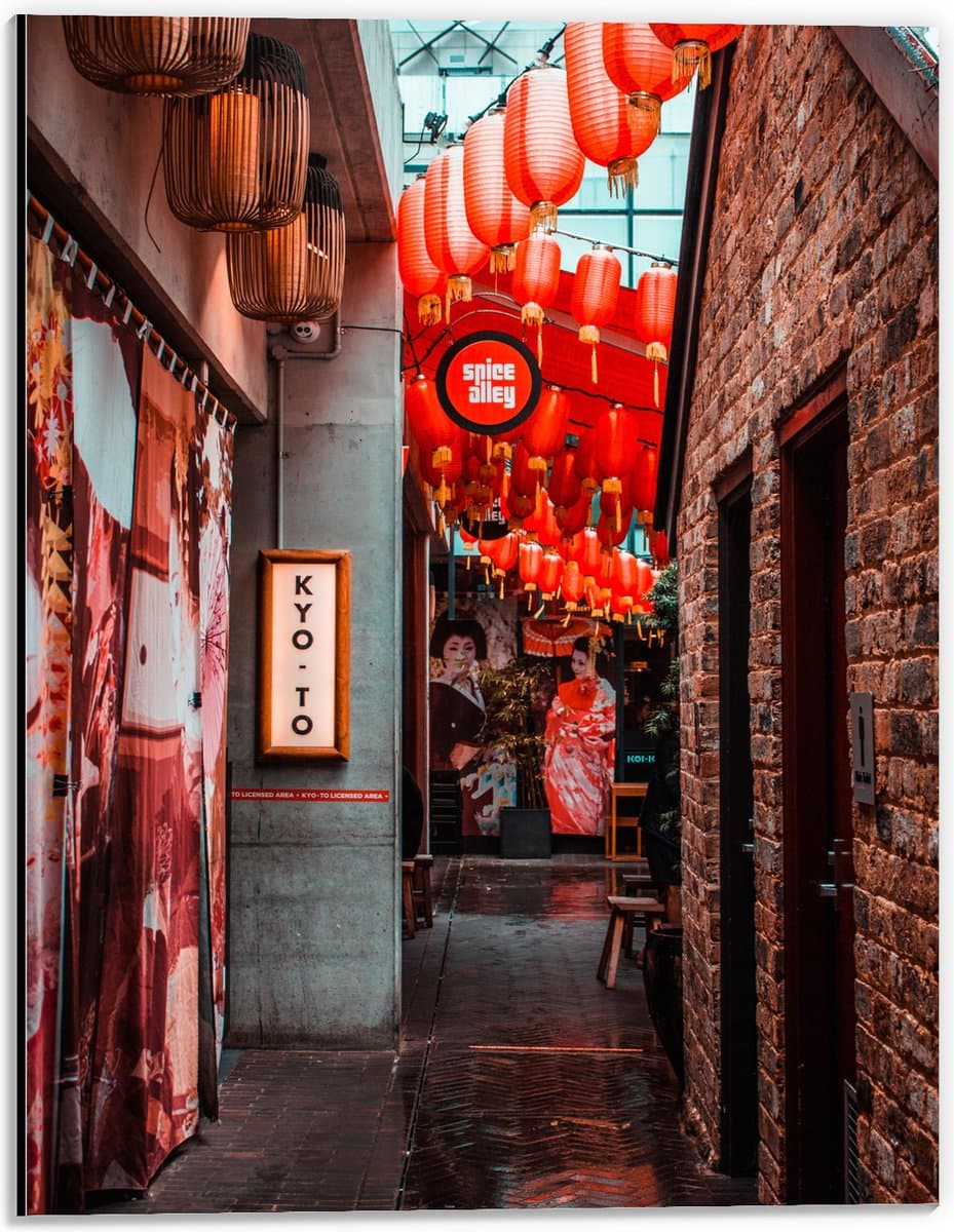 Dibond - Smalle Straat Versierd met Rode Lampionnen in Tokyo - 30x40 cm Foto op Aluminium (Met Ophangsysteem)