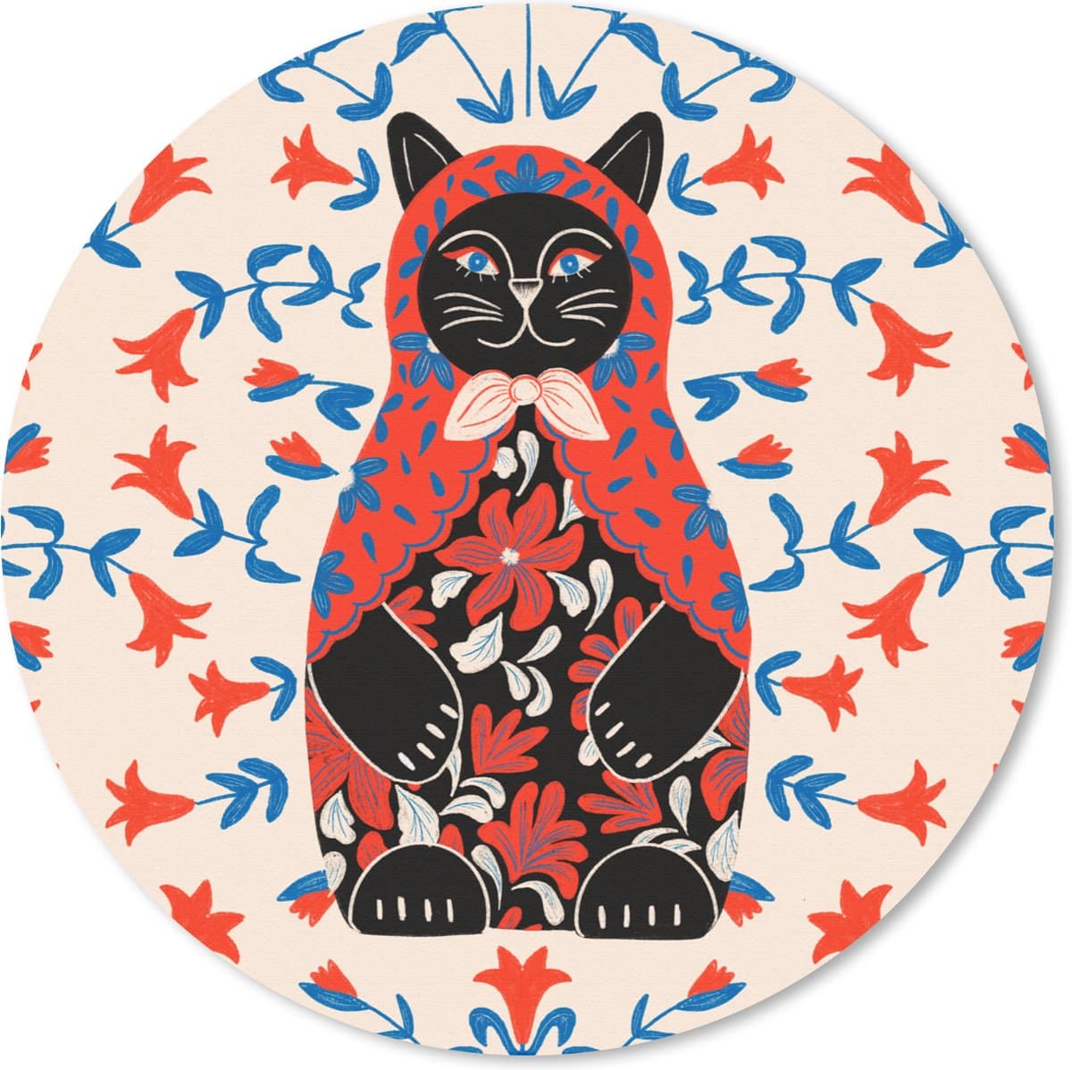 Muismat rond 50x50 cm - Mousepad Matroesjka - Bloemen - Kat - Ronde muismatten