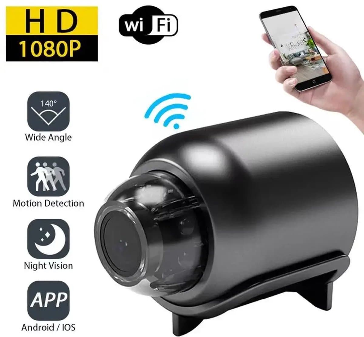 Mini camera - 1080p HD - 140graden kijkhoek - Compatibel met micro sd kaart - Plug and play - Wifi - Audio opname - Zwart -