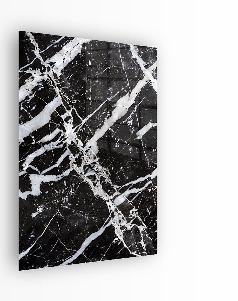 Indoorart - Glasschilderij Zwart Wit Marmer 60x90 CM - Afbeelding op plexiglas - Inclusief montagemateriaal