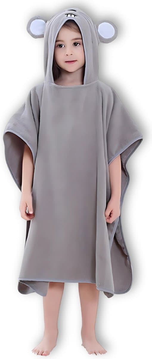 BoefieBoef Muis Bio Katoen Baby & Kinder Badponcho met Capuchon - Dieren Design - Badcape 1-7 Jaar - Peuter Strandponcho & Kleuter Zwemponcho - Absorberend & Sneldrogend - Handdoek - Kraamcadeau – jongens – meisjes – Sinterklaas – kerst - Grijs