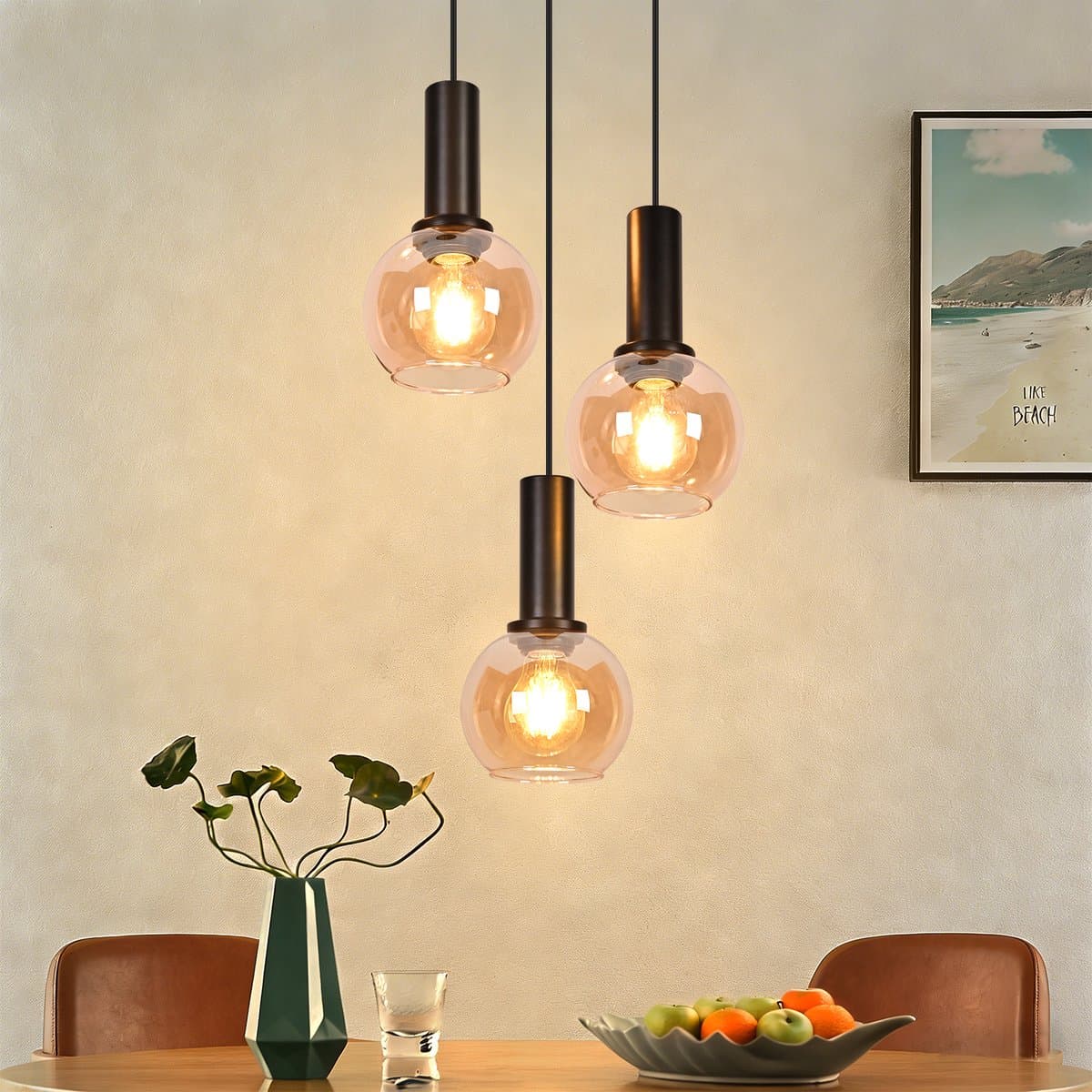 NETTLIFE E27 Glazen Eetkamer Hanglamp - Vintage 3 Lichts - Barnsteen Kleur - Retro Pendellamp - Hoogte Verstelbaar - Voor Eetkamer Keuken - Zonder Lamp