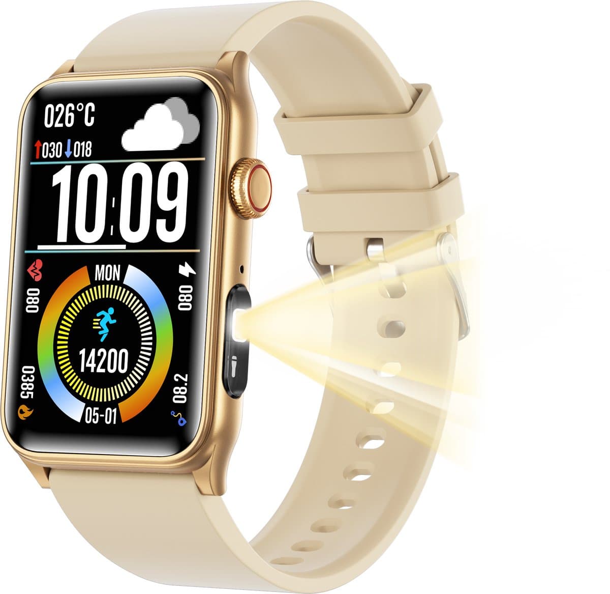 Smartwatch - Bluetooth-belfunctie - Sporthorloge voor dames - Waterbestendig voor dagelijks gebruik - Met hartslagmeting, slaapmonitoring, stappenteller en muziekbediening - Compatibel met Android 5.0 en hoger en iOS 10.0 en hoger - Goudkleurig