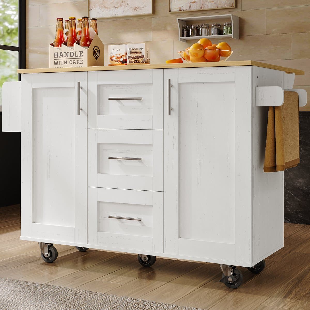 MODENUIT Keukeneiland - Met Klapblad En Rollen Voor Keuken En Eethoek - MDF En Metaal - Wit - 135x46-74x86,6 cm