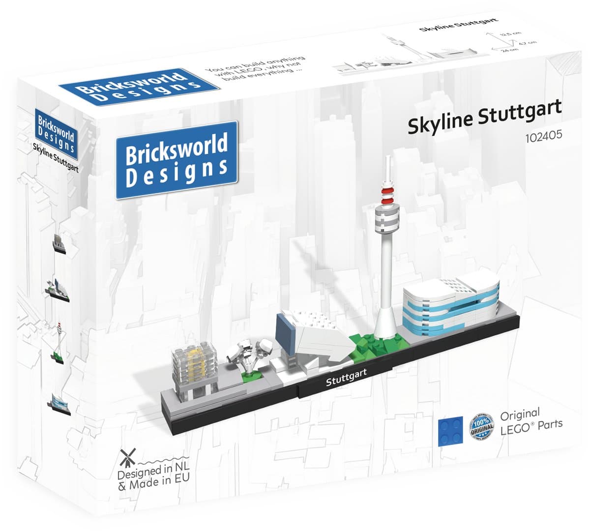 Bricksworld BOC-SKY-STU Architectuur Skyline Stuttgart (D) modules Kunst Museum, Porsche Museum, Fernsehturm & Mercedes-Benz Museum. Samengesteld uit originele nieuwe LEGO® onderdelen.