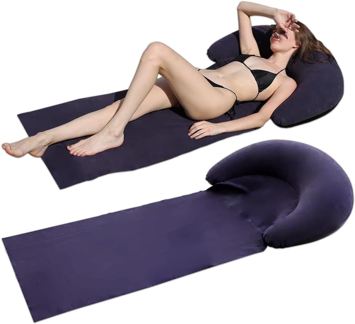 Daity 1-pack — Opblaasbare strandloungemat — Ligmat voor buiten (zonnen en slapen) — Met ingebouwd opblaasbaar kussen — Draagbare, geflockte strandstoel — Ideaal voor gazons, kamperen, reizen en strandvakanties (Marineblauw)