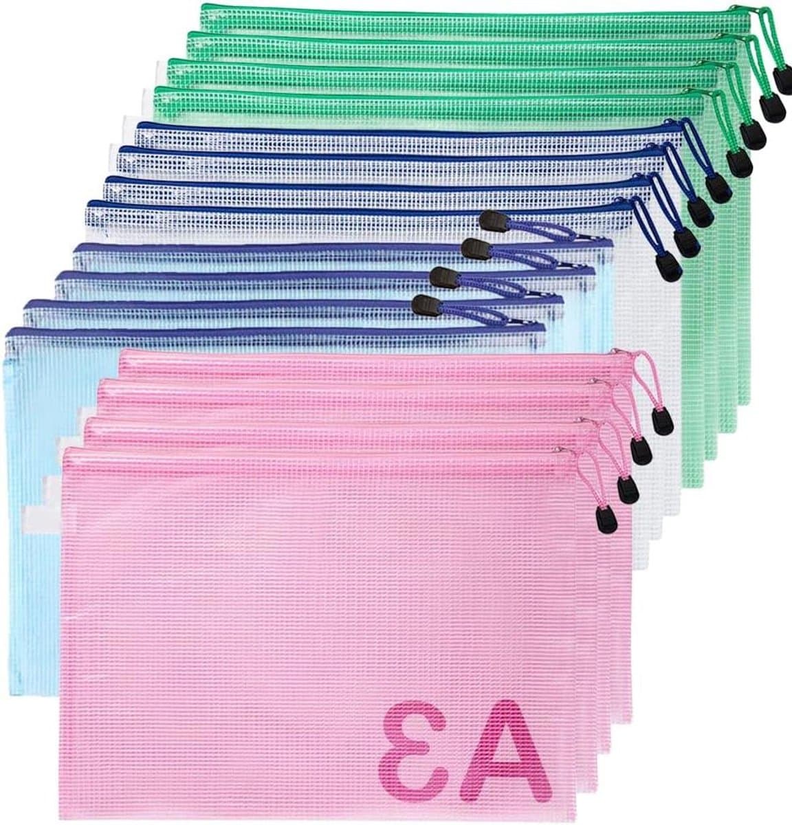 Plastic Portemonnees - Document Tassen - Opbergen Documenten - Waterdicht Mesh - A3 16 Stuks - Assorti