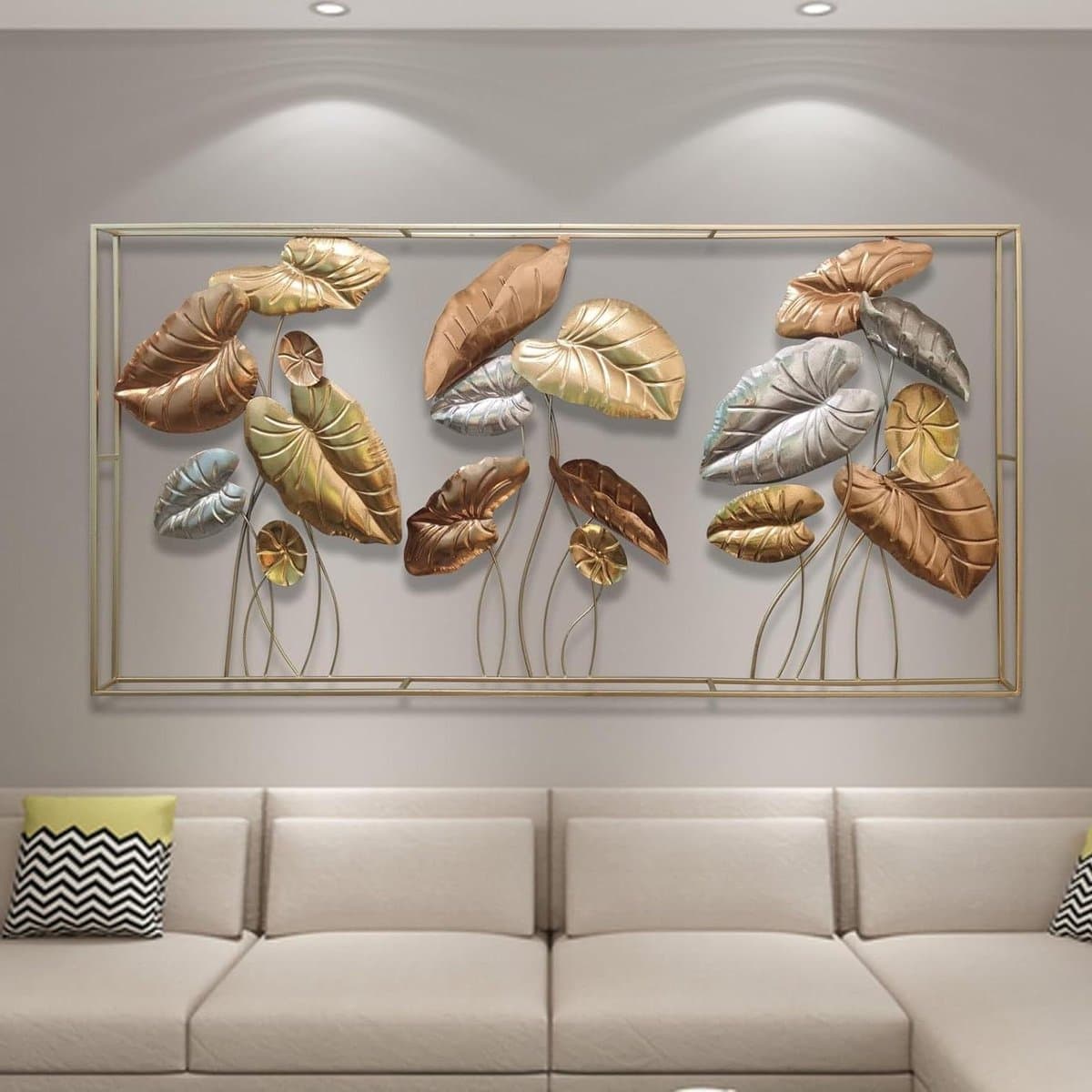 Wanddecoratie Metaal Bladeren - Muurdecoratie Goud - Woonkamer Aankleden - 3D Effect - 135x69 cm - Goud Zilver Brons