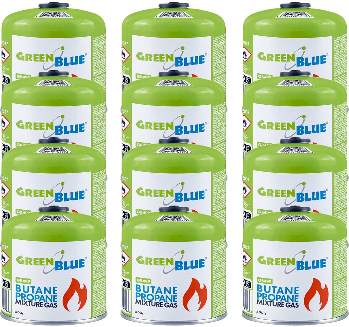 GreenBlue - Gasflessen 12 stuks - Gaspatroon van 500 g. Certificaat: Pi 0437, conform EN 417, butaan-propaan, temperatuurbereik -10 °C tot +40 °C, schroefdraadventiel 7/16'' GB499