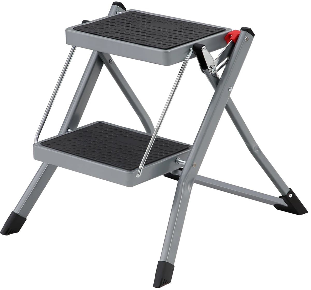 Velmio Huishoudtrap - Keukentrap - 2 Treden - Inklapbaar - Opstapje - Metaal - Tot 150 Kg - Grijs/Zwart