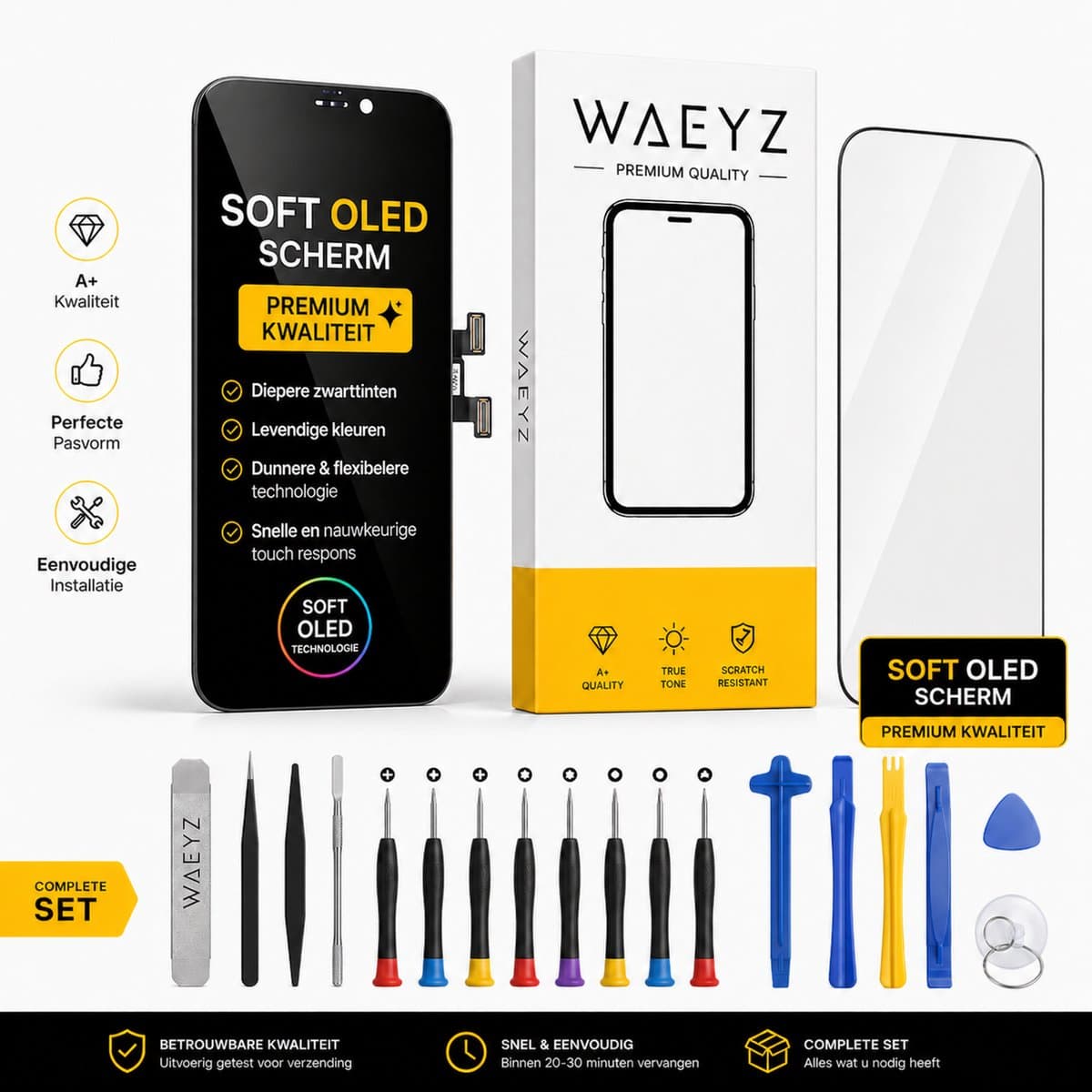 Compatible iPhone 16 Scherm Soft OLED – Complete Set voor vervangen Scherm Reparatie met Schroevendraaier Set + Screenprotector – Geschikt voor A3081 A3292 A3293 A3294 – WAEYZ