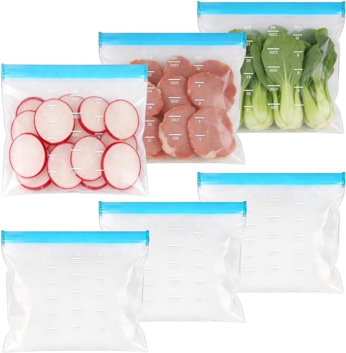 Herbruikbare Diepvrieszakken - 6 Stuks Siliconen Voedselzakken met Staand Bodemdesign, BPA-vrij, Perfect voor Fruit, Groenten, Vlees en Snacks, 27.5cm x 21cm (Blauw & Transparant)