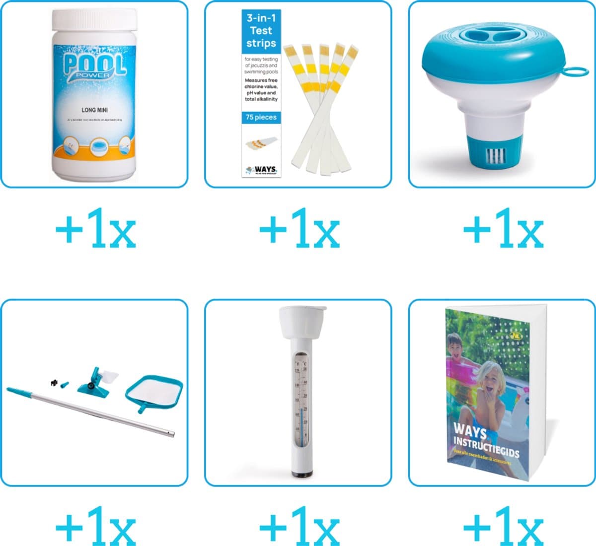 Zwembad Onderhoudspakket - Onderhoud Zwembad - bevat Chloor - Testrips - Chloordrijver - Schoonmaakset - Thermometer en Zwembadgids (6-delig)