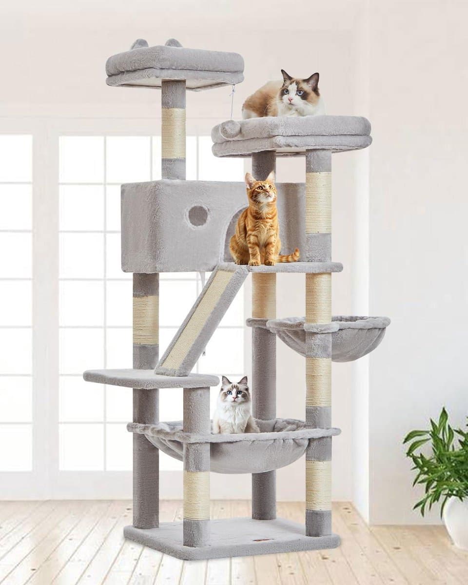 Krabpaal voor katten - Klimmeubel speelboom - Katten vermaak - Veelzijdig activiteitencentrum - 146CM hoog - Lichtgrijs