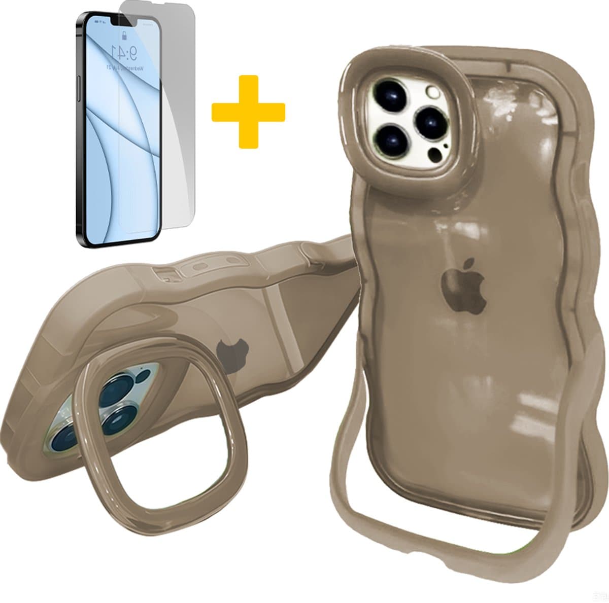 Hoesje voor iPhone 15 Pro Max, Dubbele Standaards Case, Wavy TPU Hose met Golfrand, Schattige Schokbestendige Hose voor Vrouwen-Transparant Design, Zwart, Bruin - Screenprotector