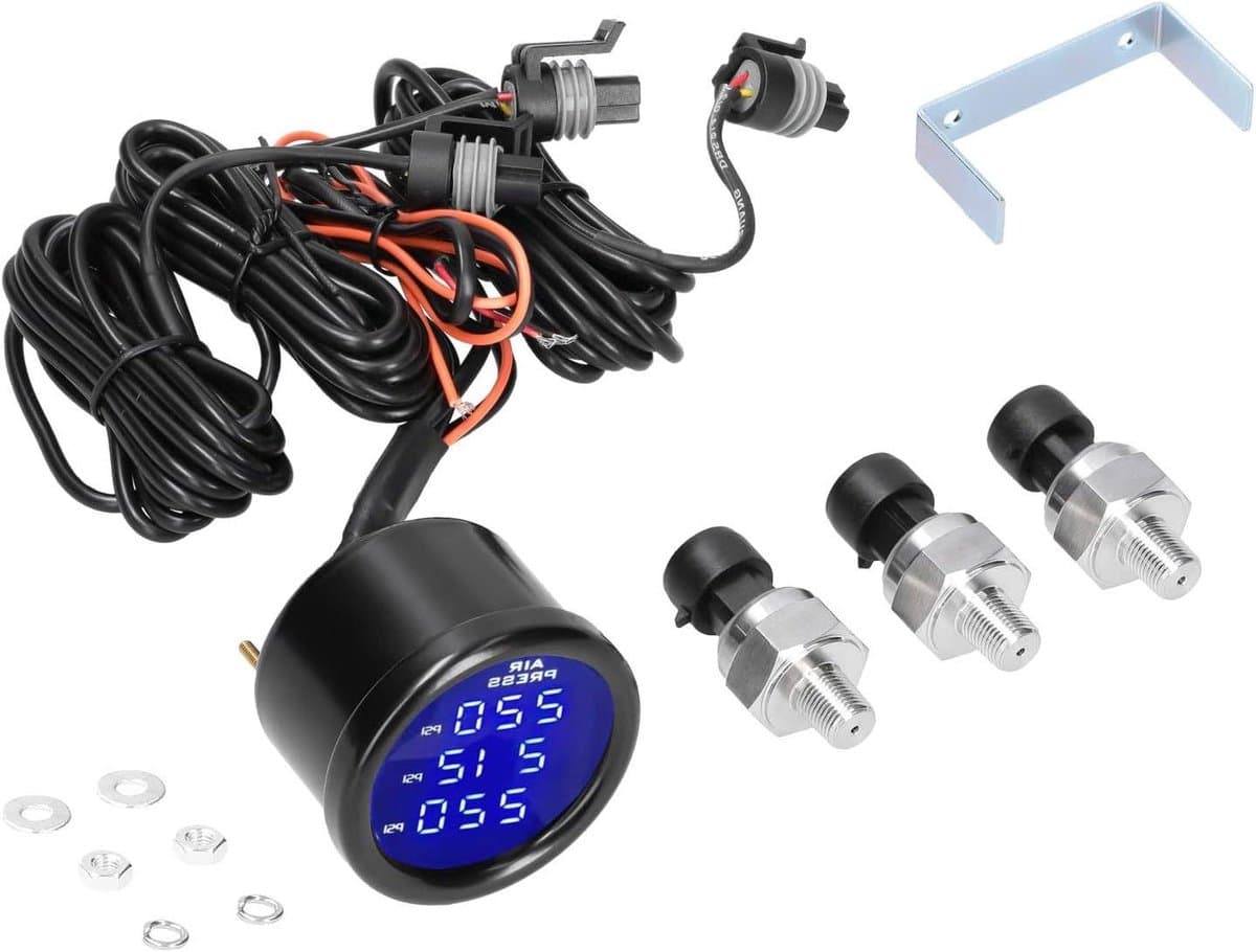 Digitale Luchtdrukmeter - Luchtvering Monitor - Voertuig Controle - Drievoudig LED Display - 0-20 PSI - Zwart