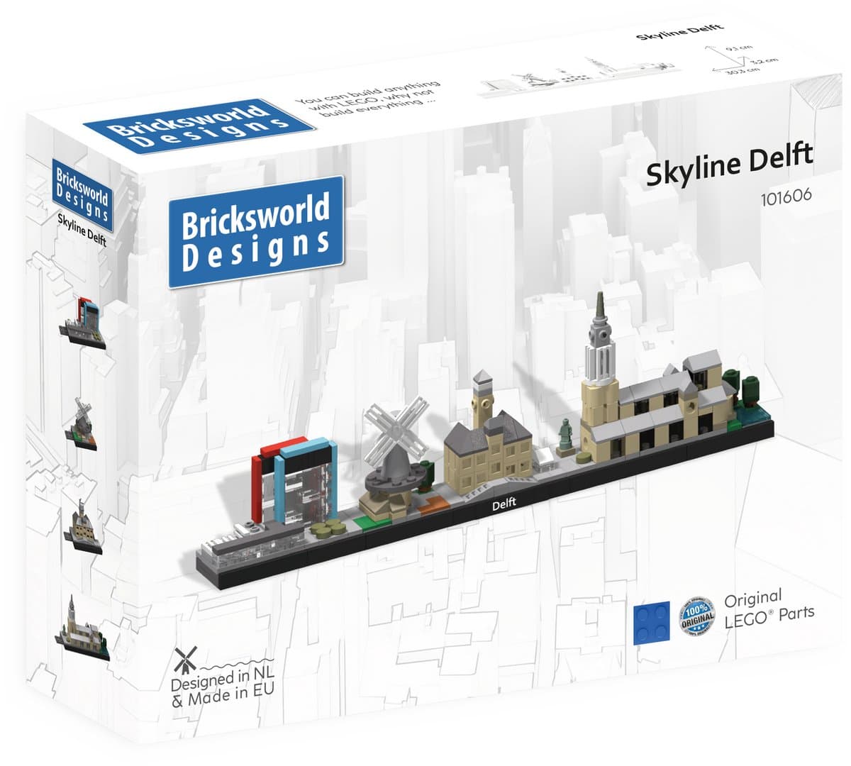 Bricksworld BOC-SKY-DEL Architectuur Skyline Delft (NL) modules TU EWI, Molen de Roos, Stadhuis & de Nieuwe Kerk. Samengesteld uit originele nieuwe LEGO® onderdelen.