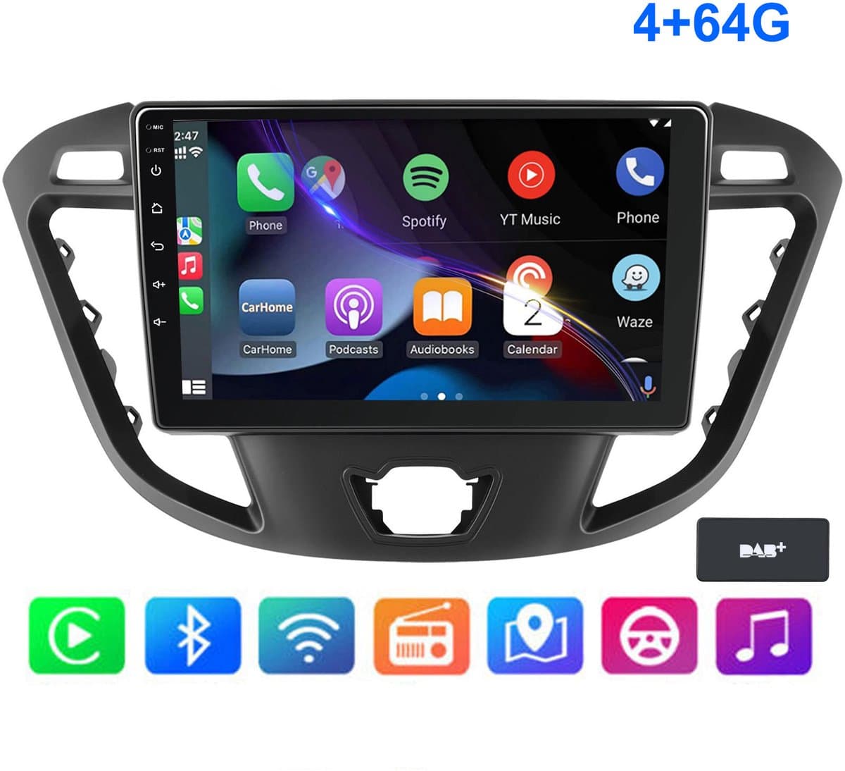 ESSGOO DAB+ CarPlay autoradio geschikt voor Ford Transit Custom (2012-2021) - 9 inch touchscreen - Android 15 - Draadloos Apple Carplay & Android Auto - 4GB + 64GB - BT AUX USB Wifi GPS Navigatie