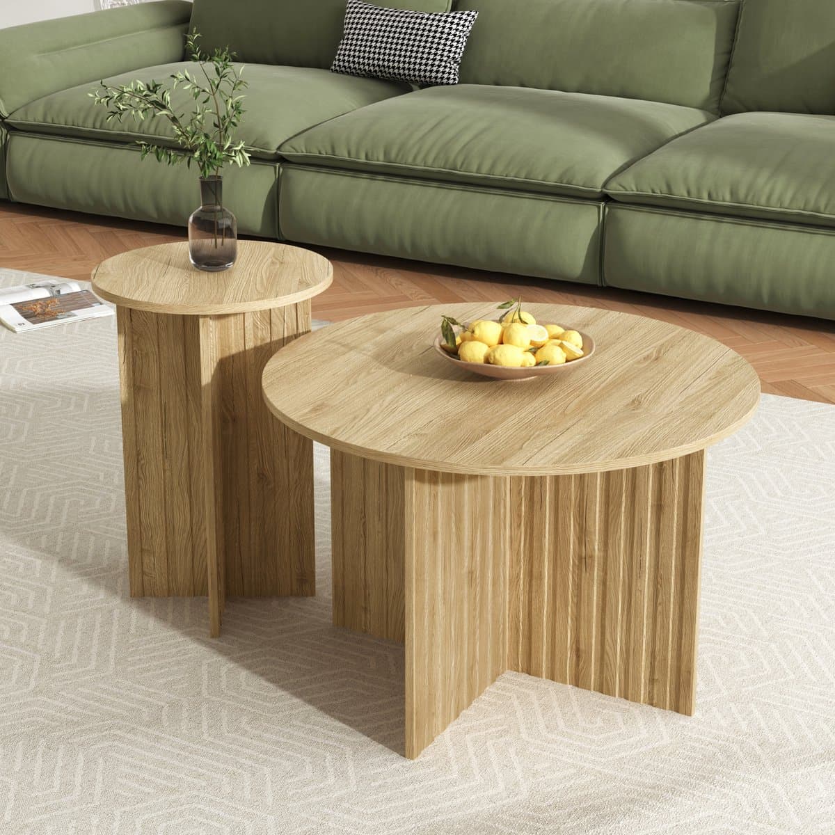 MODENUIT Salontafelset - 2-delige Ronde Nesttafels - Voor Woonkamer En Lounge - MDF En Spaanplaat - Naturel