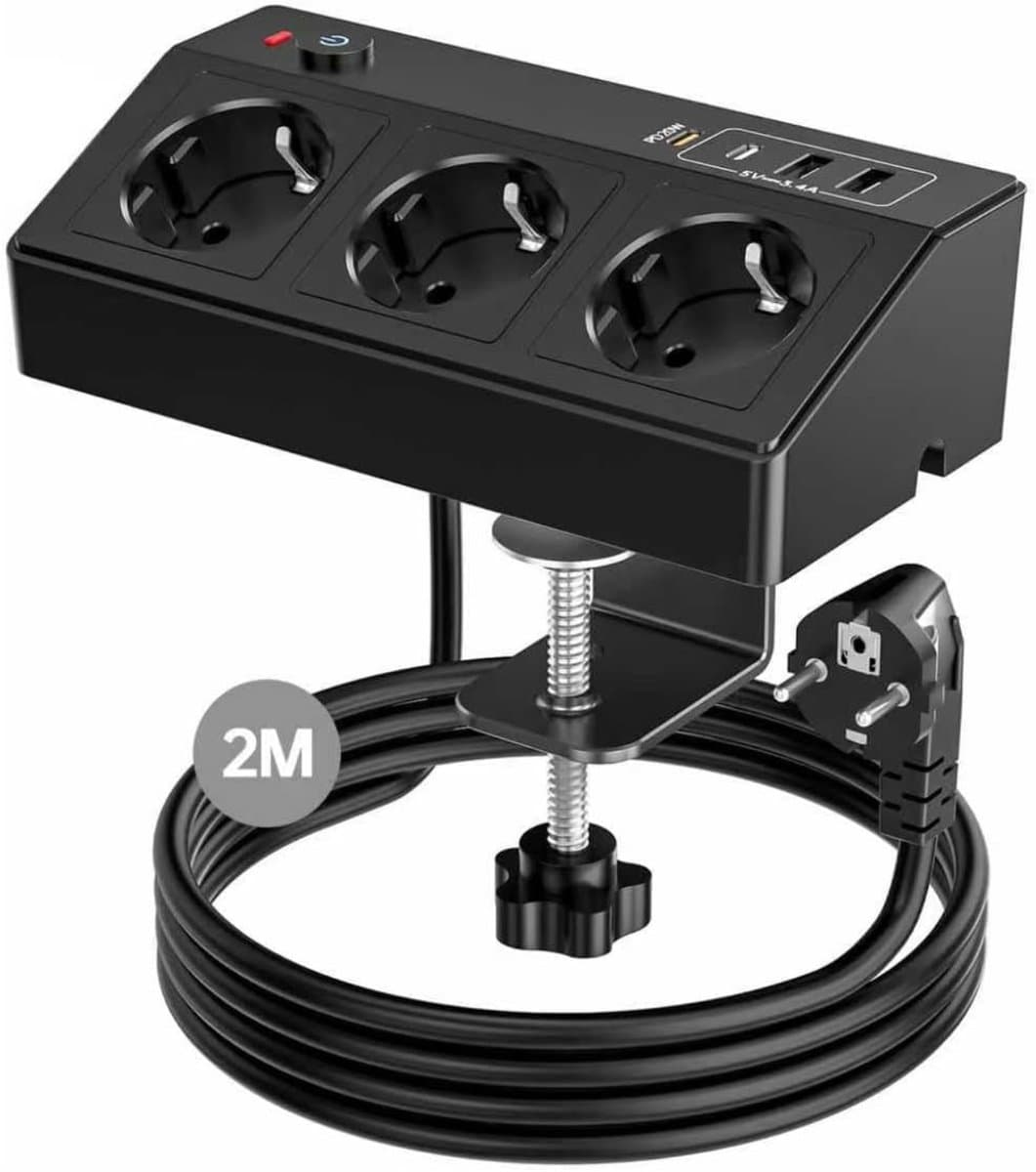 StayPowered Tafelstopcontact - Ultime Oplossing voor Uw Bureau - 7-in-1 Stekkerdoos - 2x USB-C (PD 20W) - 2x USB-A - 3x AC Stopcontacten - 180 Graden Draaibare Tafelklem - 2m Kabel - Overspanningsbeveiliging - Zwart - Levering Sneller dan Aangegeven!