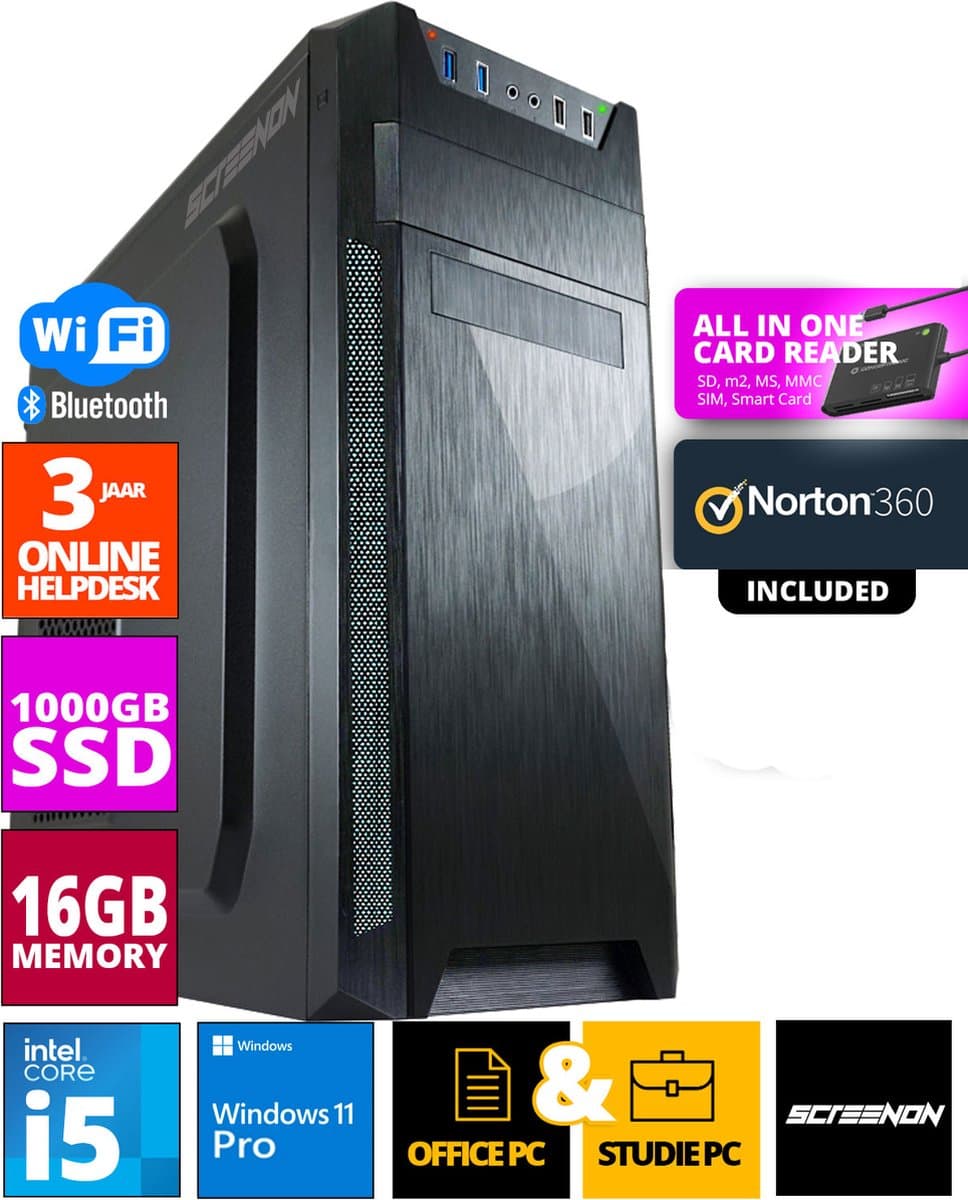 Intel Office PC - Intel Core i5 - 1TB NVMe SSD - 16GB RAM - RTX 3050 - Inclusief Norton 360 & USB SD Card Reader + WiFi & Bluetooth