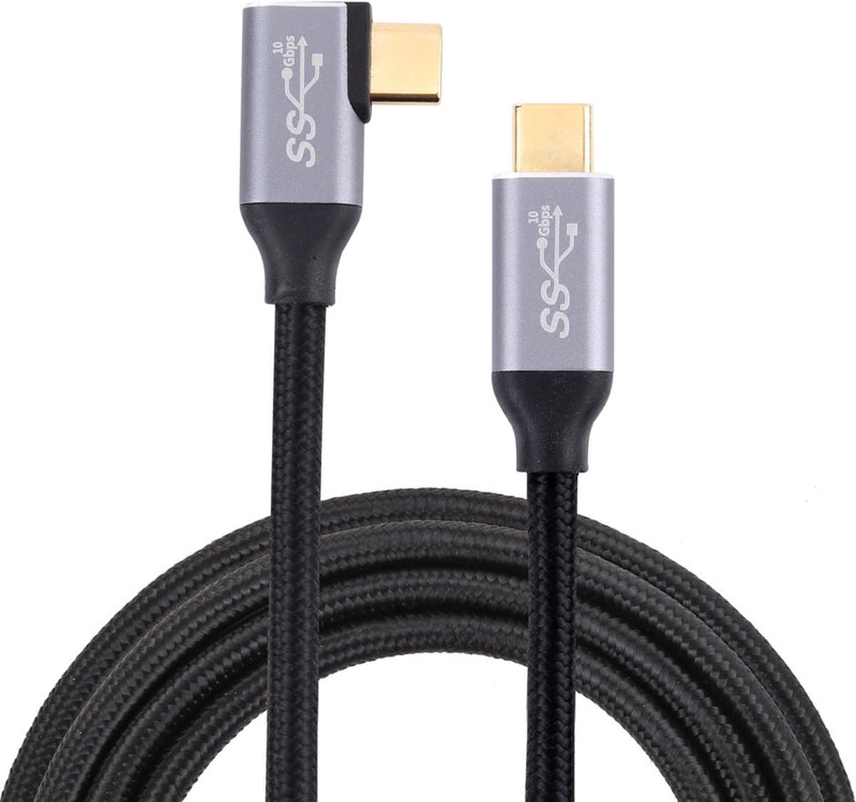 USB-C Male naar USB-C Male - Oplader en data kabel - 100W 10Gbps - 2 Meter - Haakse hoek - geschikt voor o.a. Laptop en Macbook - zwart