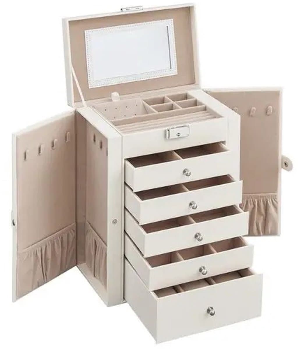 Linkforu Sieradendoos - Juwelendoos - Accessoiresbox - Sieraden - 6 niveaus - Met deuren - Met Lades - 15,6X26x32 cm - Wit