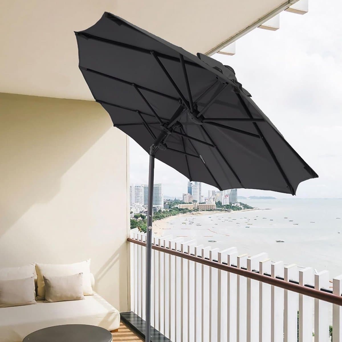 Parasol dubbel rechthoekig 300x150 cm met zwengel en knikscharnier – UV50+ zonbescherming, waterbestendig, verstelbare hellingshoek, tuin- en terrasparasol, antraciet – Laura
