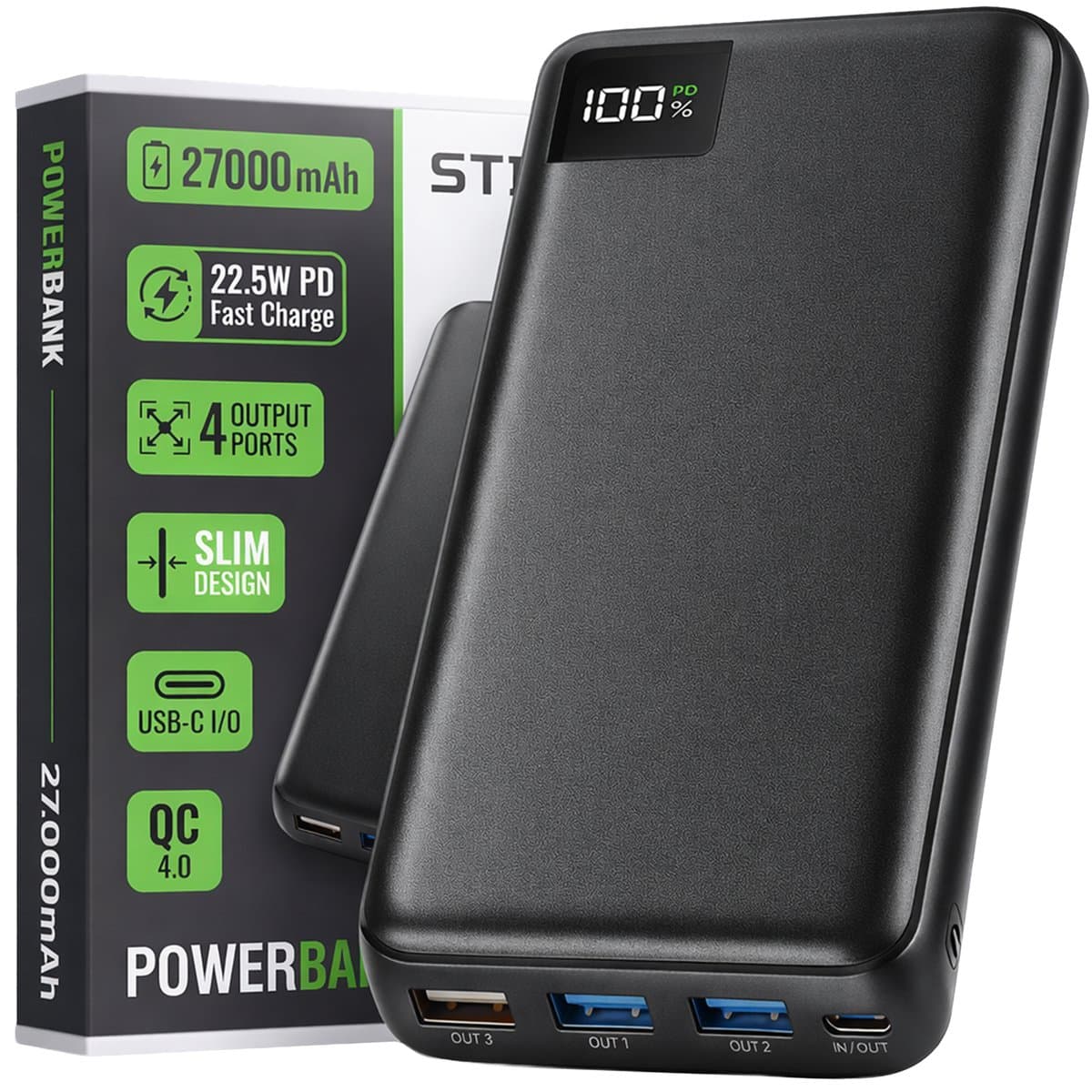 Strex Powerbank - 27.000 mAh - 22.5W Snellader - USB-A/USB-C - LED Indicatie - Universele Powerbank