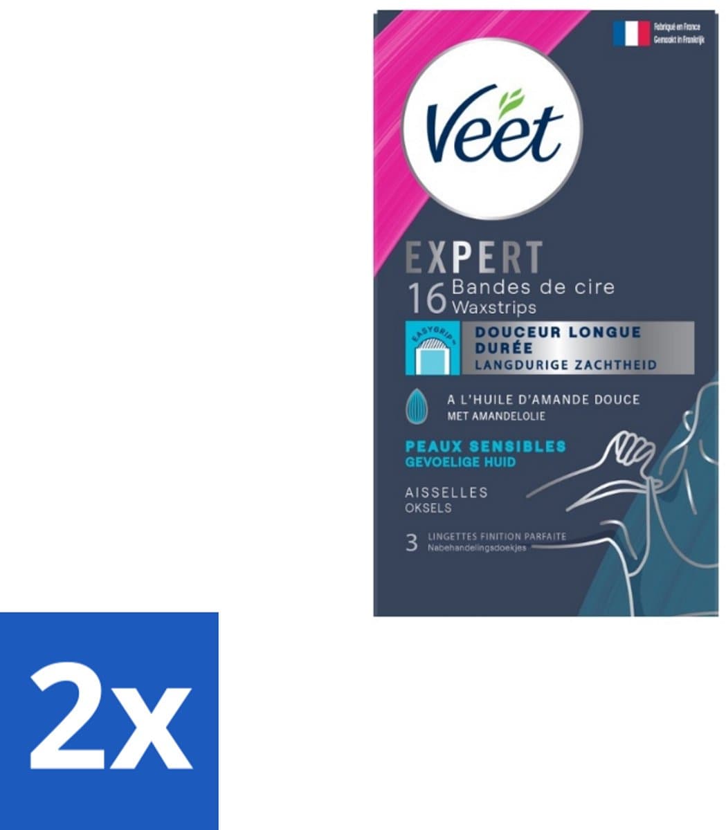 2 x Veet – Ontharingsstrips – Expert Gevoelige Huid Oksels – 16 Strips - Okselhuid Ontharing - Waxstrips Oksels - Haartjes Verwijderen - Gevoelige Huid Verzorgen - Amandelolie Waxstrips