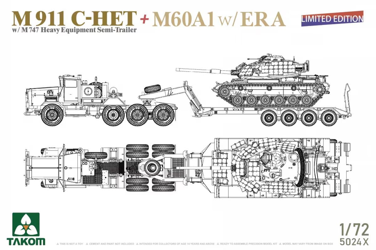 Takom Modelbouwpakket Militaire voertuigen - 5024X M911 C-HET met M747 Heavy Equipment Semi-Trailer - M60A1 met ERA - Limited Edition Plastic - 1:72 - Modelbouw