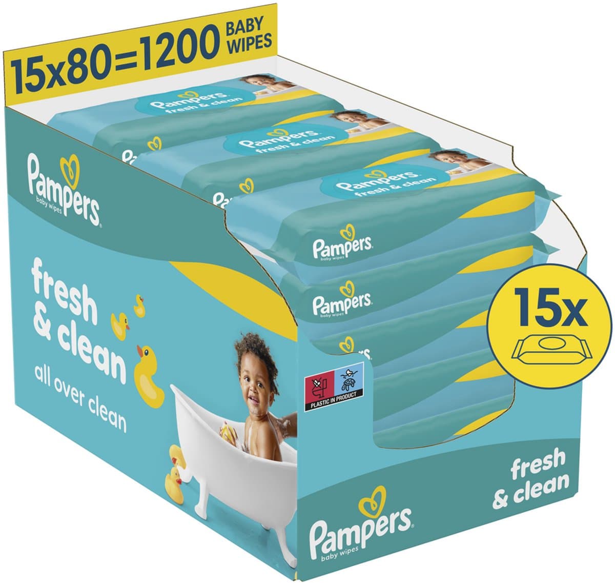 Pampers fresh clean babydoekjes, 15 pakjes van 80 stuks