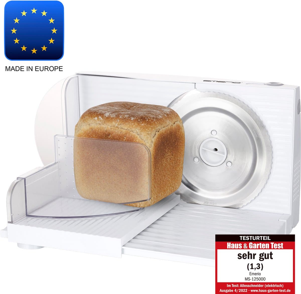 Emerio Multifunctionele Snijmachine - 100W - Dikte Verstelbaar 0-17mm - RVS Mes - Elektrische Snijmachine voor Brood, Kaas en Vlees - Anti-slip - MS-125000 Allessnijder Wit