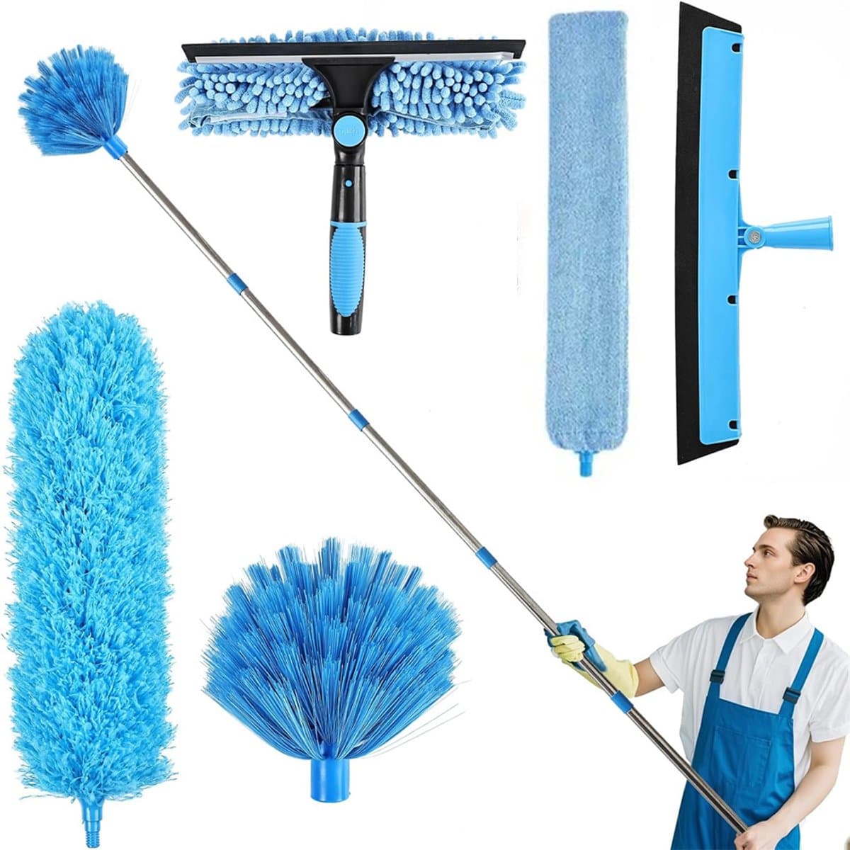 Professionele Schoonmaakset met verlengstang, stofzuigset voor hoge plafonds en ramenreiniging, microvezelstofdoekset, spinnenwebborstel, raamwisser en -trekker en plumeau, Blauw