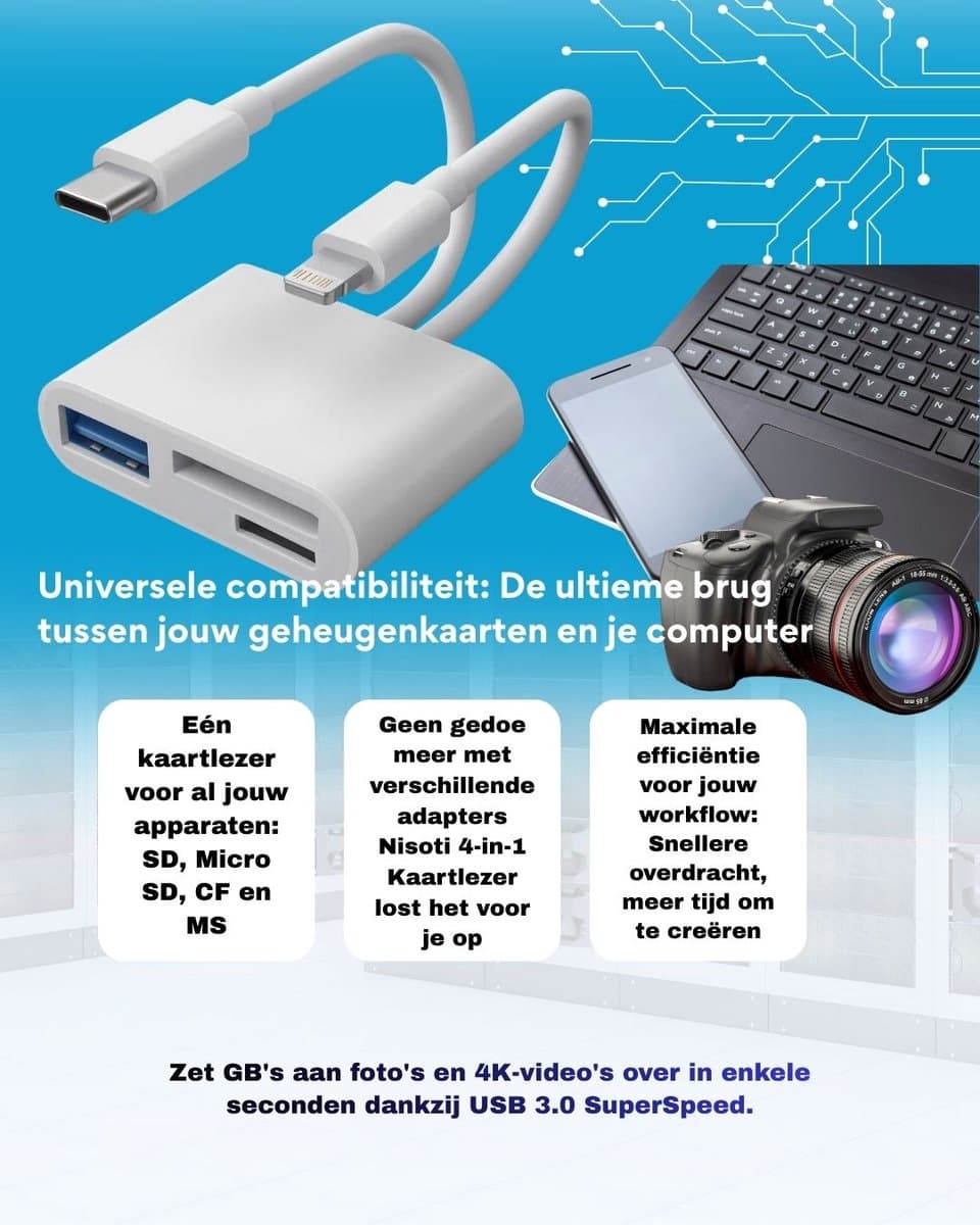 NISOTI SD Kaart Lezer - 3 in 1 - Micro SD Kaart - USB naar USB C - 8-Pin - Geschikt voor alle Telefoons, Tablets & Laptops