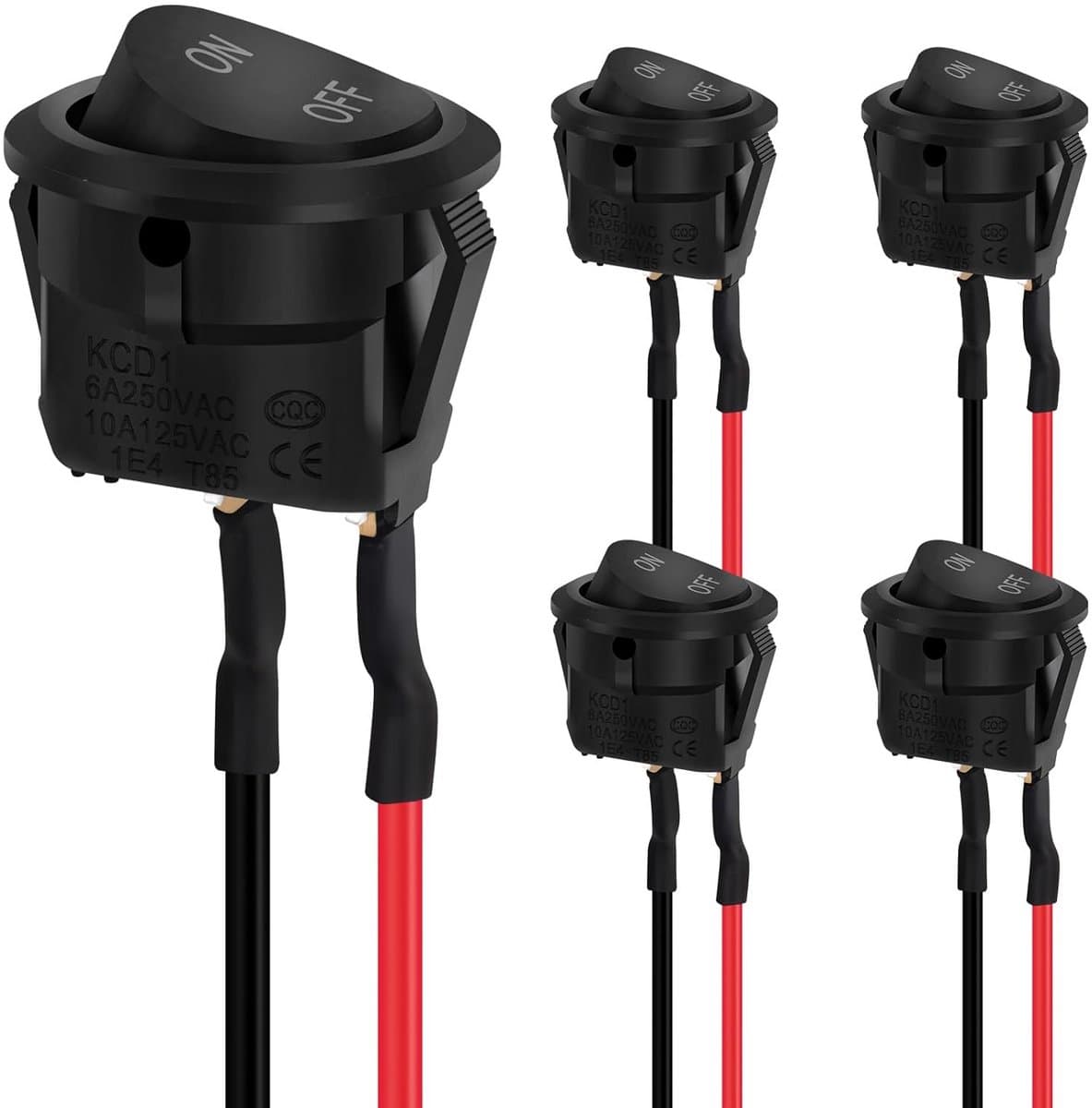 Set van 5 Ronde SPST Tuimelschakelaars met Draad - Zwart - 10A/250V