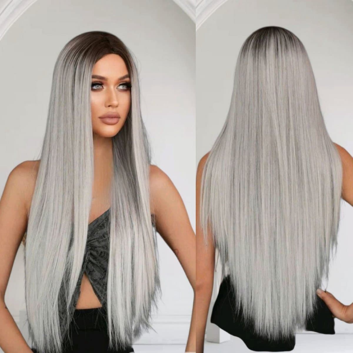 Frazimashop Ombre Zilveren Steile Pruik – Dames Pruik Lang Haar – Hittebestendig – 32 Inch (86 cm) – Europees & Amerikaans Haar