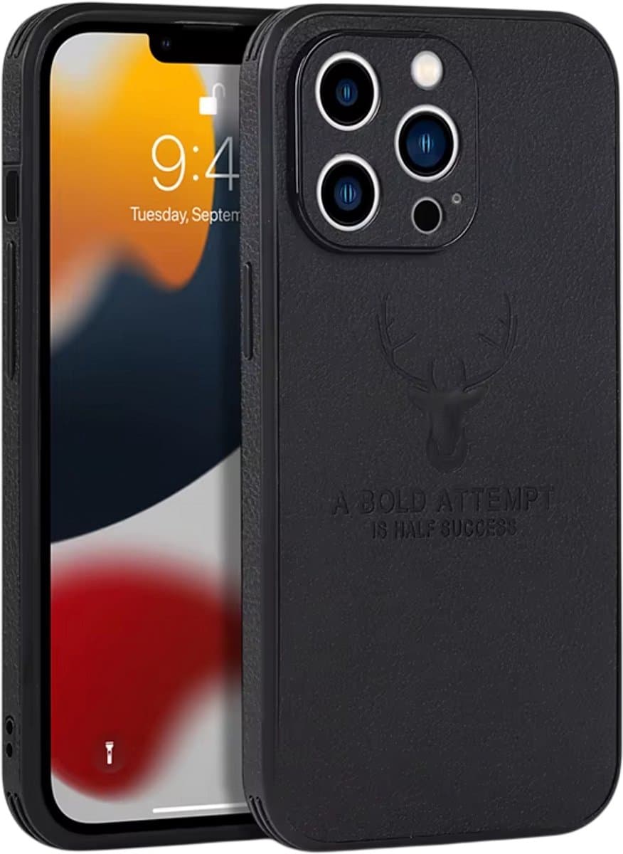 Luxe Lederen Telefoonhoes met Bumper – Geschikt voor iPhone 17 Pro – Schokbestendige Beschermhoes met Zachte Backcover, Business Case met Hertenhoofd Design - Zwart