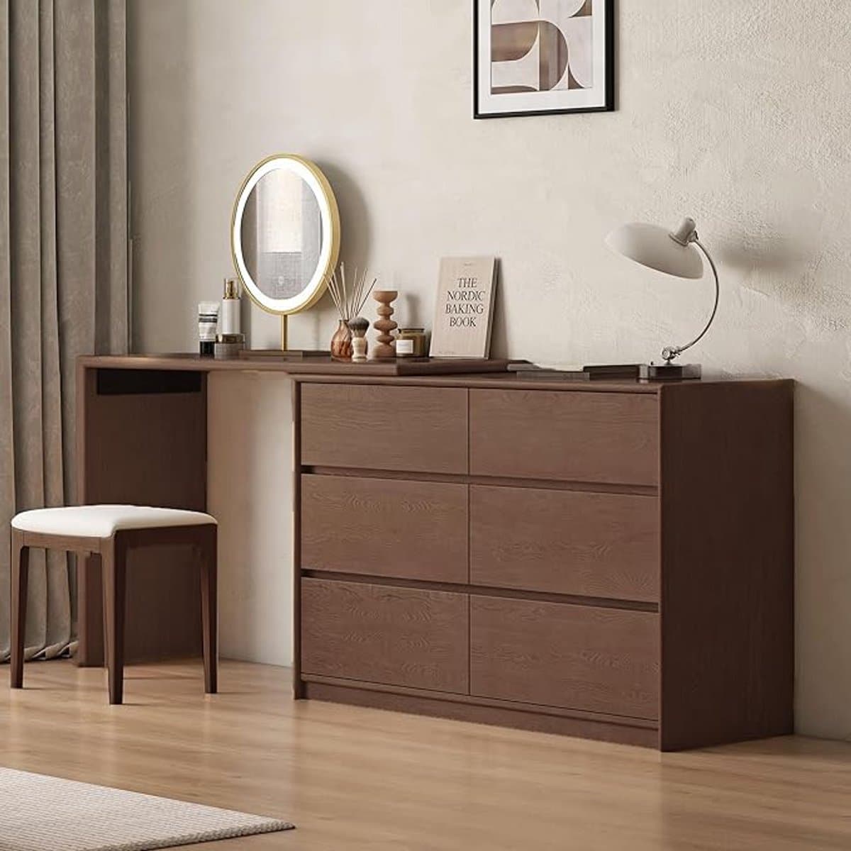 Commode met 6 Laden 231 x 40 x 78,8 cm – Draaibare en Uitschuifbare Ladekast met L-Vormig Blad in Walnootkleur Eiken – Bureau en Opbergkast in Eén – Abkantoor