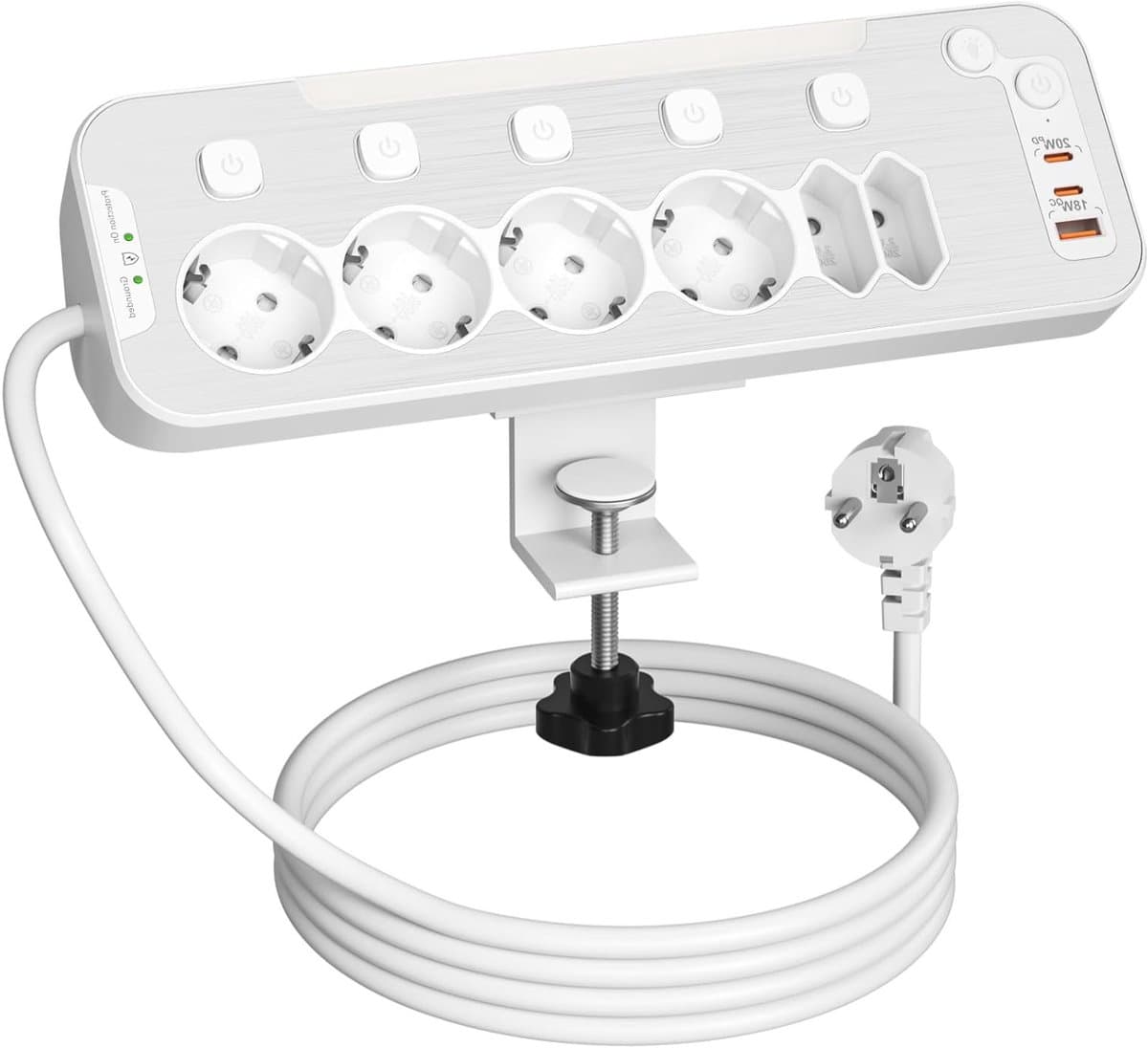 StayPowered Tafelstopcontact - Geen Gedoe Meer met Kabels - 6-Voudig Stopcontact - USB-C 20W Snel Laden - Overspanningsbeveiliging 2100J - Afzonderlijk Schakelbaar - RVS Voorpaneel - Tafelmontage met Klem - Wit - Levering Sneller dan Aangegeven!