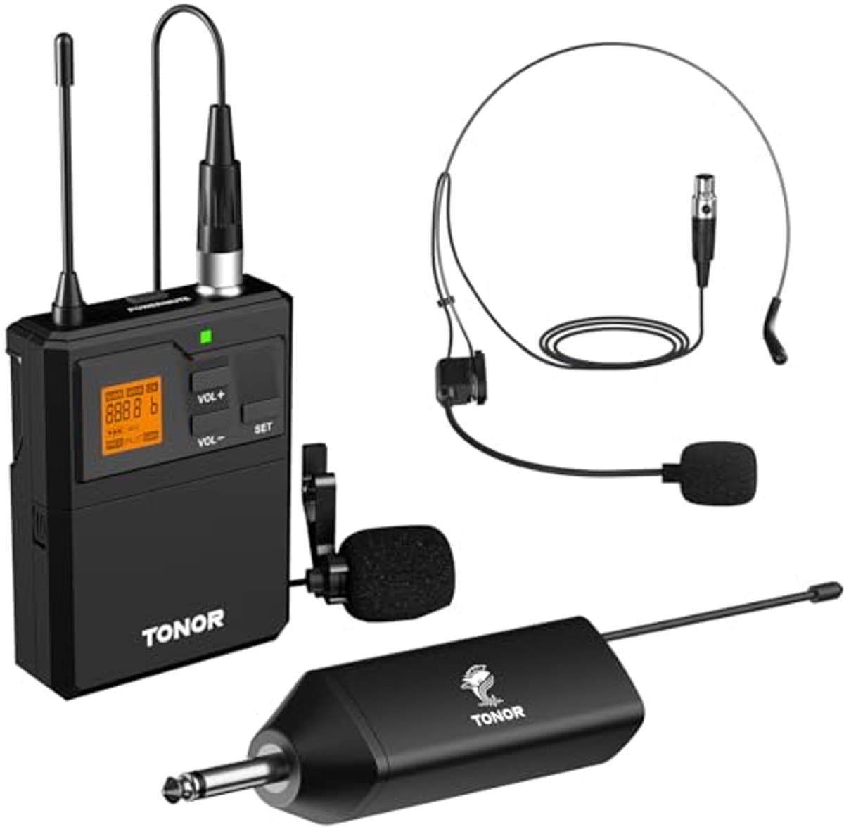 Draadloos Microfoon Systeem met Headset en Lavalier Microfoon - 60M Bereik, Oplaadbare Ontvanger, 5 Kanalen