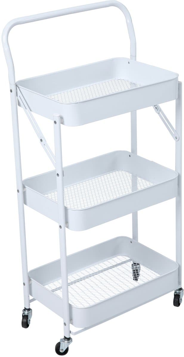 SVITA Serveerwagen met wielen - opvouwbaar 3 niveaus met handgreep keukentrolley klein universele trolley met manden roltrolley badkamerplank wit