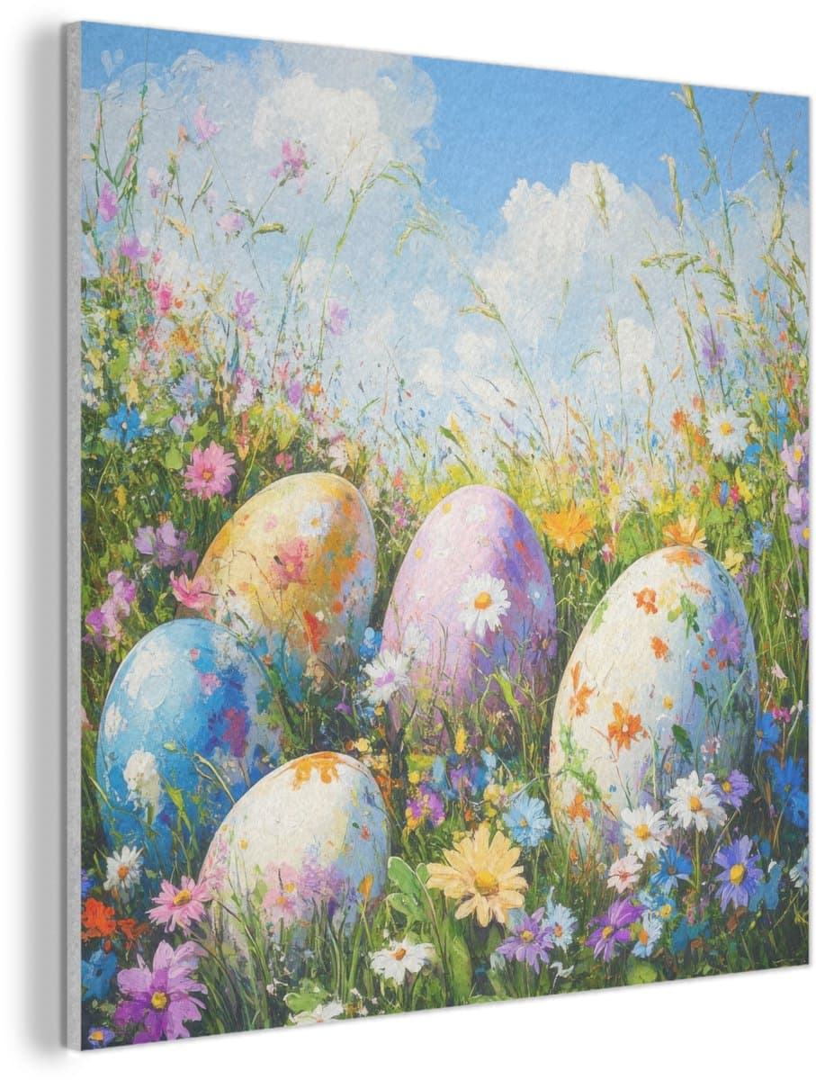Akoestisch wandpaneel 60x60 cm - Vilt schilderij Grasveld - Eieren - Bloemen - Akoestische panelen - Geluidsdempende wanddecoratie - Geluidsisolatie woonkamer - Muurdecoratie geluidspanelen - Pasen - Paasdecoratie - Paas versiering