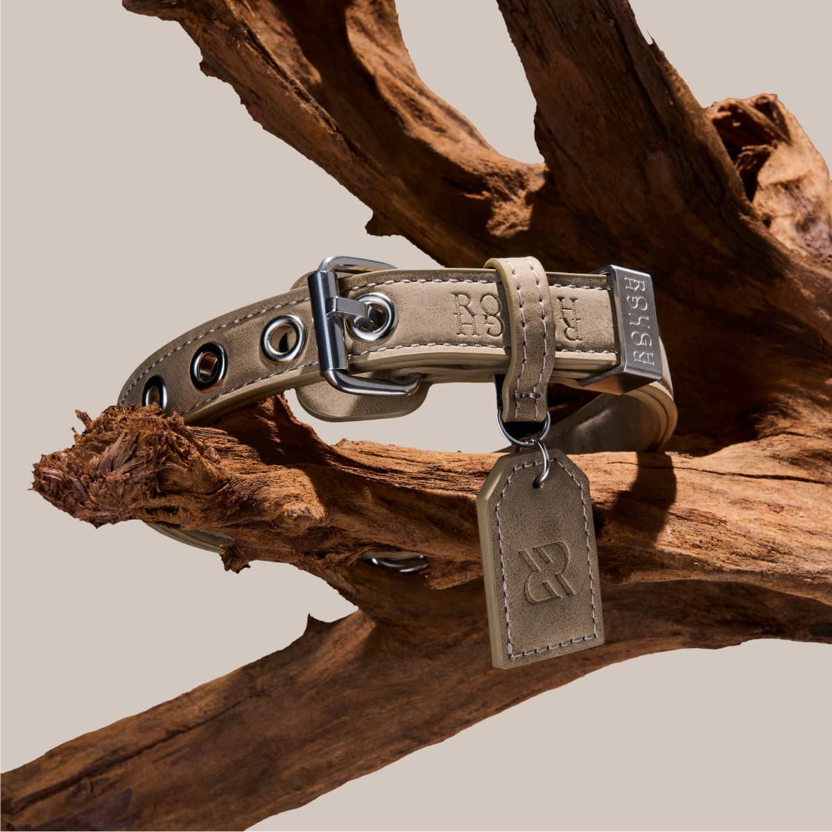 Rough Rough Leren Hondenhalsband - Halsband voor Kleinere Hond - Leer (vegan) - Beige maat M