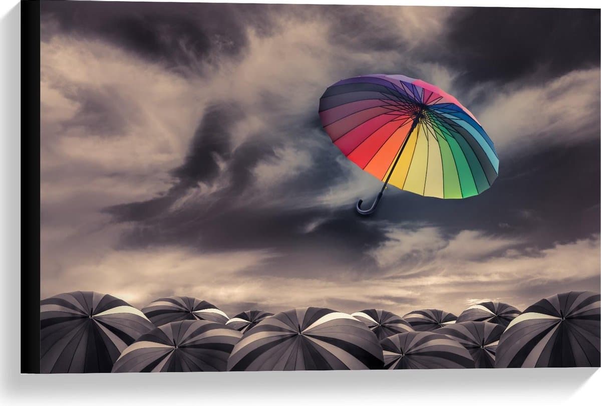 Canvas  - Gekleurde Paraplu in de Lucht - 60x40cm Foto op Canvas Schilderij (Wanddecoratie op Canvas)