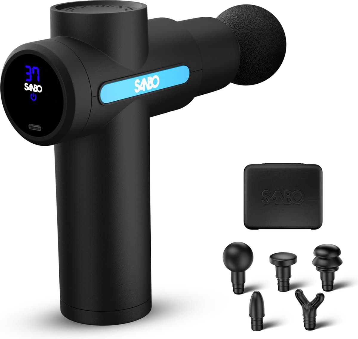 Sanbo Massage Gun Mini Professioneel - incl. 5 Opzetstukken En 6 Intensiteitsstanden - Mini - Sport en Relax Massage Apparaat - Professioneel - Zwart